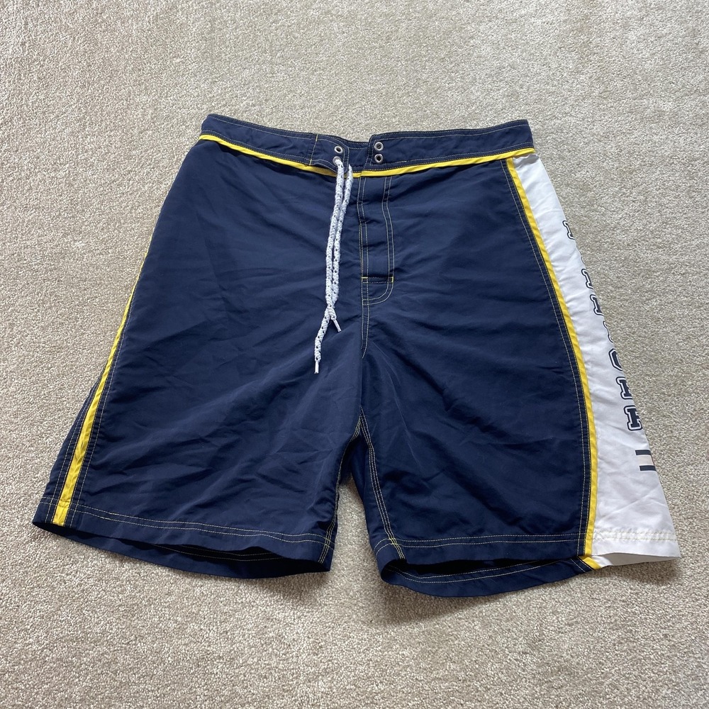 Tommy Hilfiger Board Shorts Mens Large Navy Blue Yellow Side Logo Swim Trunks